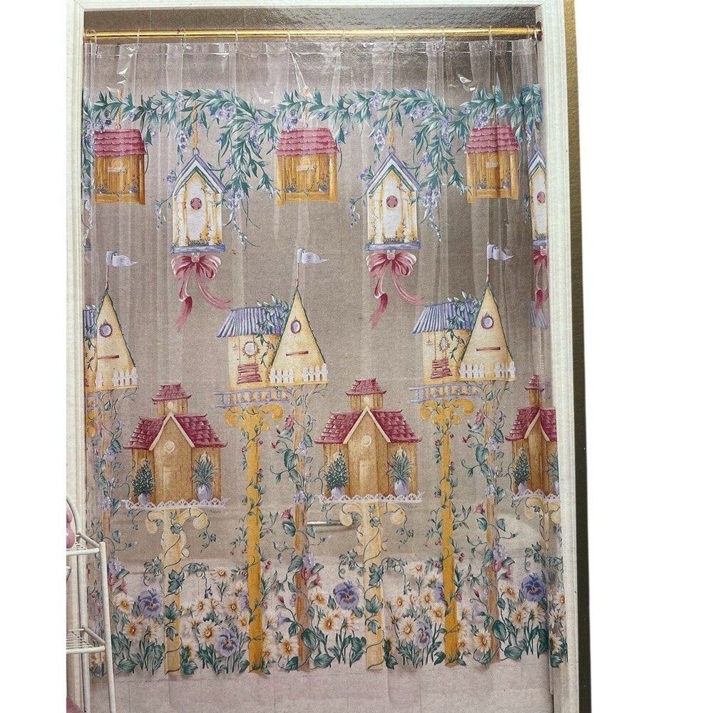 Vintage Allure Birdhouse Garden Ivy Pansy Bows Vinyl Shower Curtain 1990s New
